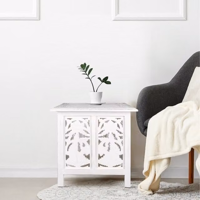 Topfurnishing Square Carved Mango Wood Coffee Table and Bedside End Table in White with Floral Detail