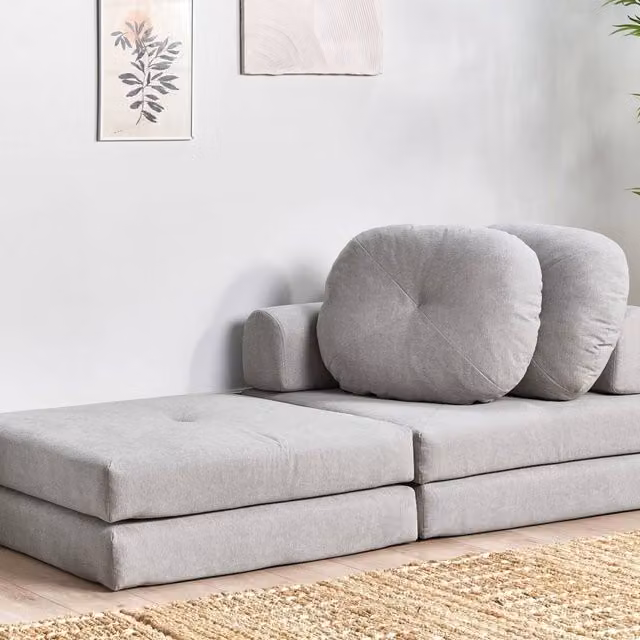 Wyld and Coco Fold-Out Single Sleeper Sofa Pouffe Bed in Grey Fabric
