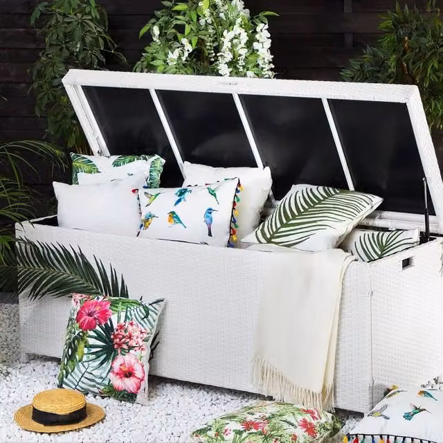 Wyld and Coco White Faux Rattan Outdoor Storage Box W: 158 cm, D: 63 cm, H: 66 cm