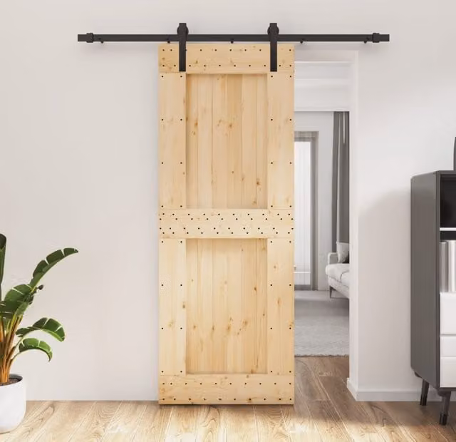 Berkfield Home Rustic Solid Pine Sliding Door with Hardware Set in Brown, W: 80 cm, H: 210 cm