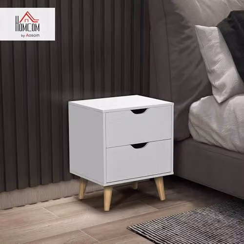 HOMCOM White Bedside Cabinet with 2 Drawers and Pine Wood Legs, W: 40 cm, D: 35 cm, H: 50.5 cm – 2
