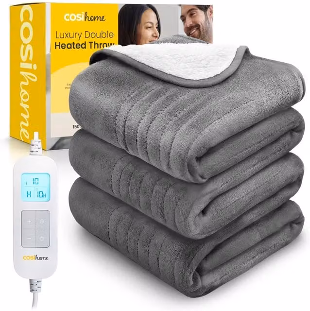 Cosi Home Fleece and Sherpa Electric Heated Throw in Grey