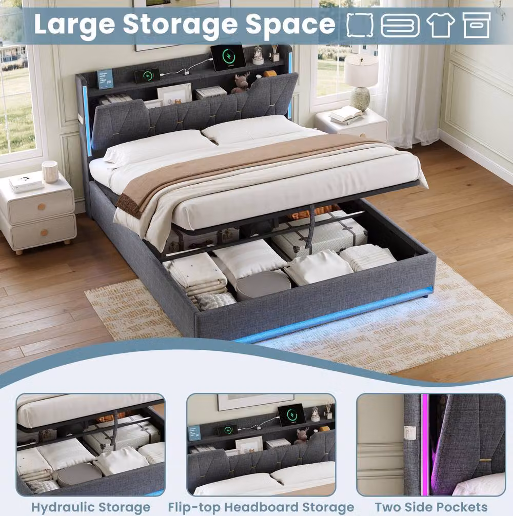 STILVORA King Size Upholstered Bed Frame in Grey with Hydraulic Storage, LED Under-Bed Lighting and USB Charging Ports, W/D/H: 180 x 200 x 30 cm – 4