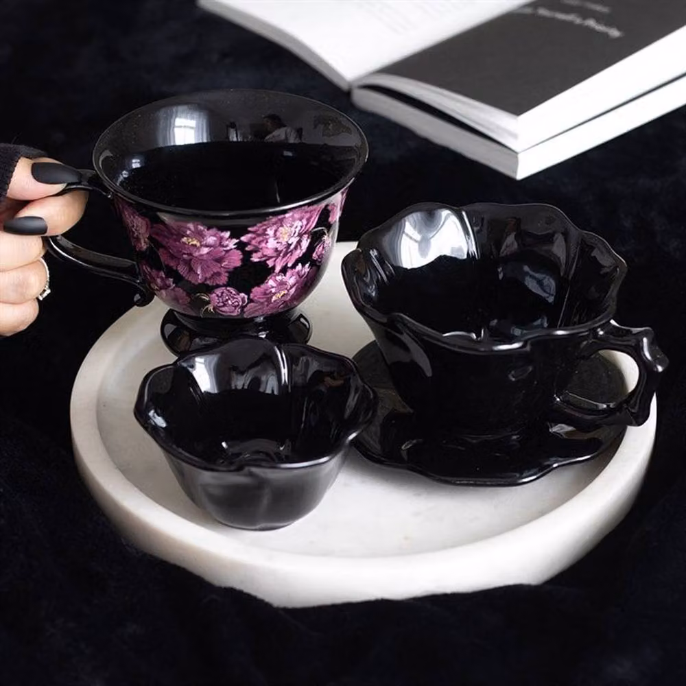 Uniqueful Dark Romance Floral Print Ceramic Teacup in Black and Purple, 320 ml – 2