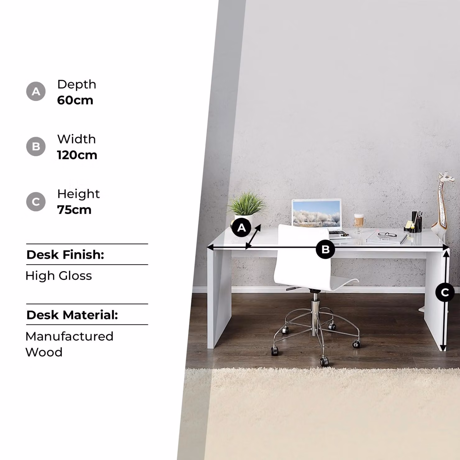 FurnitureboxUK Enzo White High Gloss Rectangular Computer Office Desk W/D/H: 120 x 60 x 75 cm – 4