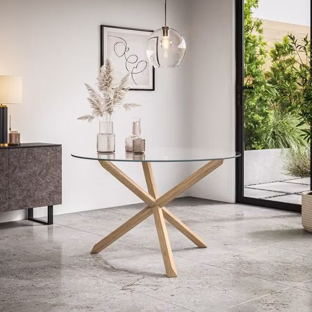 More4Homes Malvern Round Glass Dining Table with Solid Oak Legs, Diameter: 120 cm, Height: 75 cm