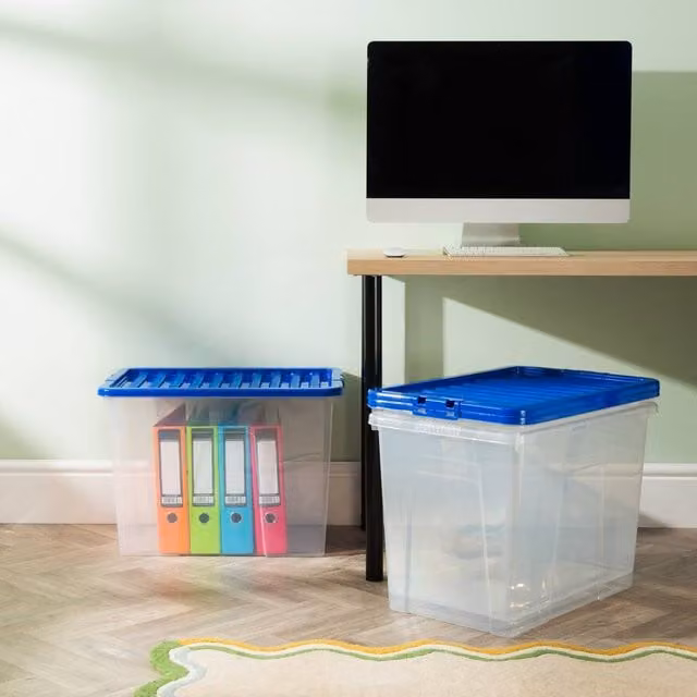 Wham Crystal 80L Stackable Plastic Storage Boxes with Blue Lids, Pack of 3, Transparent