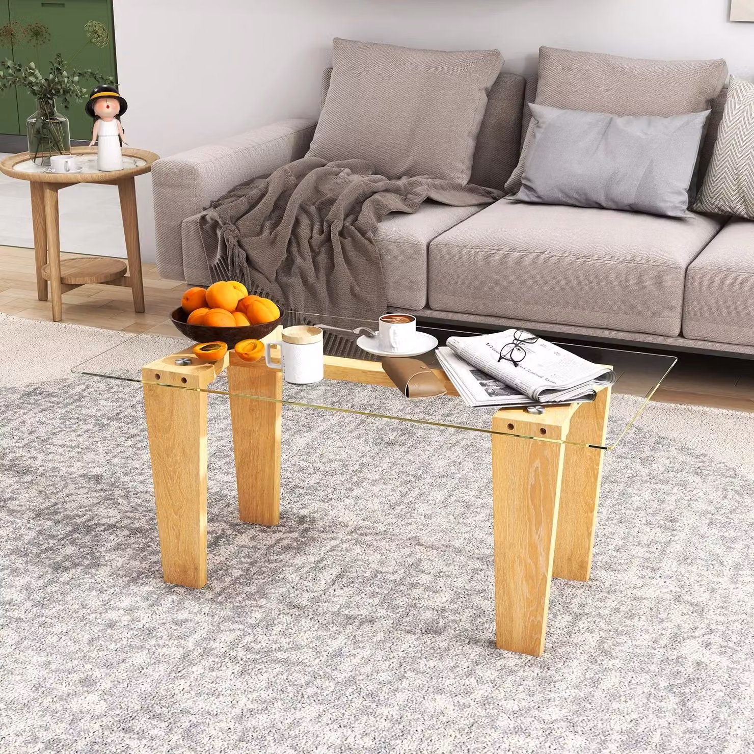 Costway Modern Rectangular Coffee Table with Transparent Tempered Glass Top and Natural Rubberwood Legs – 2
