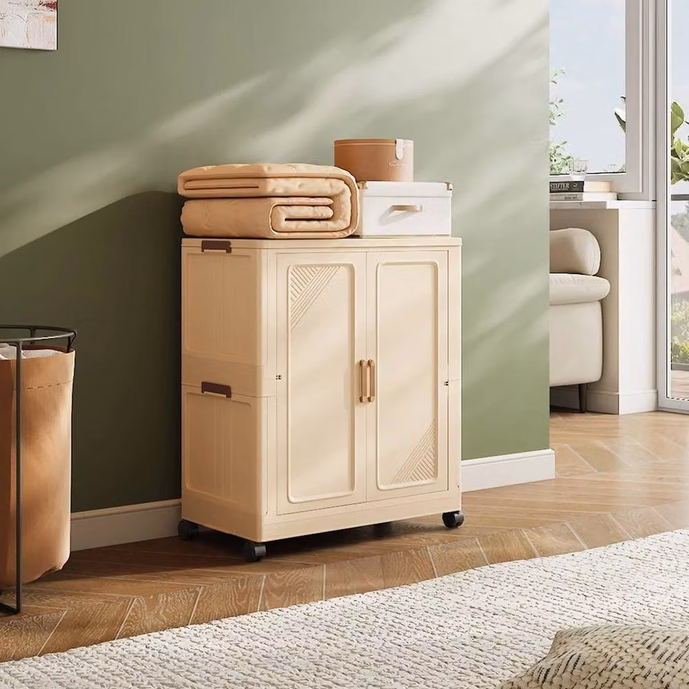 FORGEVIO Beige Plastic Wardrobe Storage Cabinet with Wheels and Hanging Rod – 4