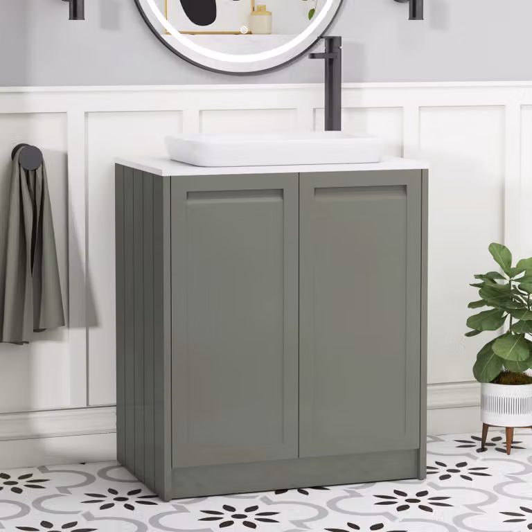 Royal Bathrooms Elmore 700mm Matt Green Floor Standing 2 Door Vanity Unit with Plain White Worktop and Qubix Basin