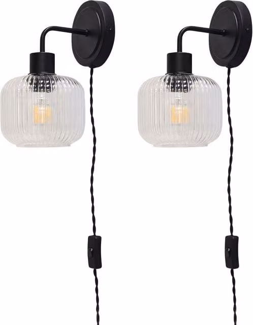 First Choice Lighting Toby Set of 2 Black Plug-in Wall Lights with Transparent Ribbed Glass Shades