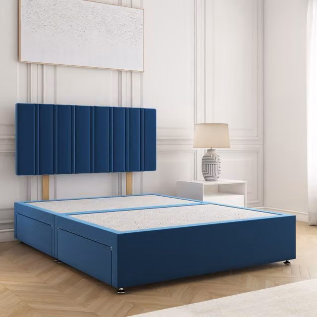 BSSPOKE Sienna Single Divan Bed with 24 inch Plush Headboard and 2 Same Side Drawers in Blue