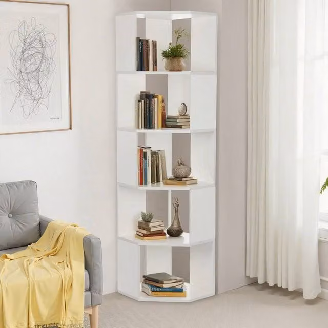 VOGREX 5-Tier White Wooden Freestanding Corner Shelf