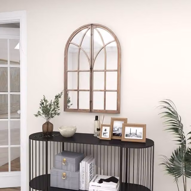 Costway Arched Window Pane Farmhouse Wall Mounted Decorative Mirror in Natural Brown