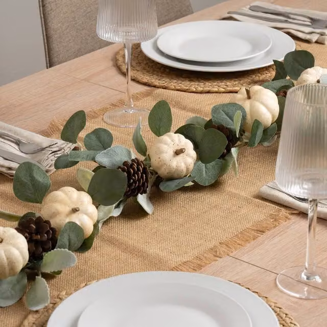 Scottish Everlastings Ltd Green and White Pumpkin and Eucalyptus Hanging Garland, 100 cm