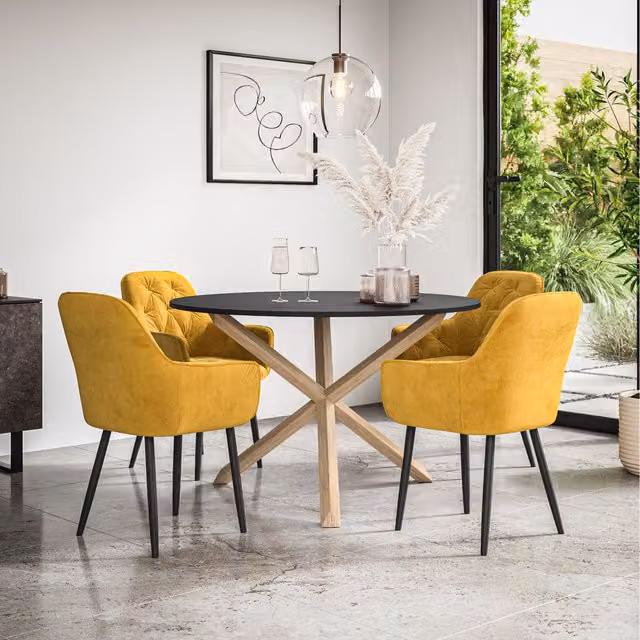 More4Homes Malvern Round Glass Dining Table Set with 4 Anika Velvet Chairs in Yellow and Oak