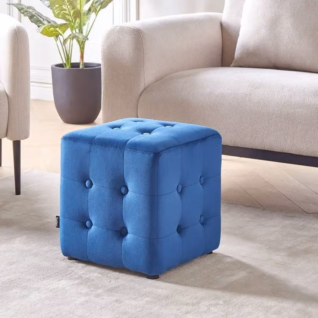 Wyld and Coco Blue Velvet Button Tufted Cube Pouffe Footstool