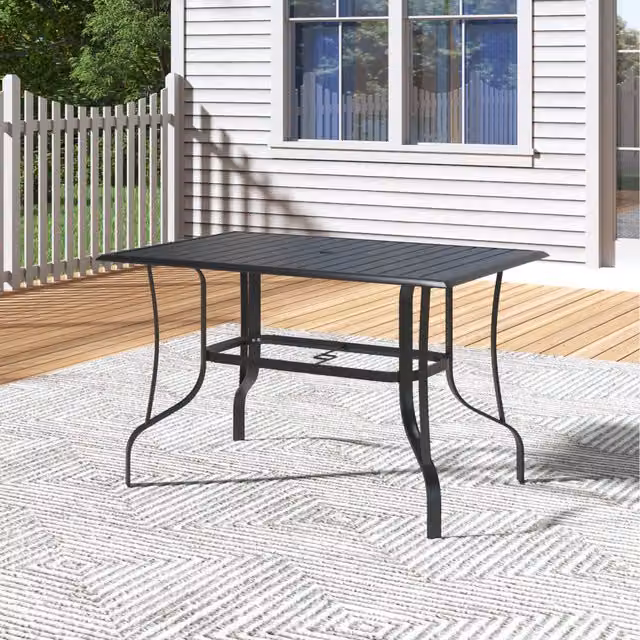 Komore Modern Matt Black Metal Dining Table with Umbrella Hole, Width: 120 cm