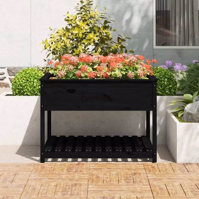 Berkfield Home Black Solid Wood Pine Planter with Shelf, W/D/H: 111.5 x 111.5 x 81 cm – 1