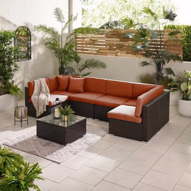 FurnitureboxUK Orlando 6 Seat Modular Outdoor Garden Rattan Sofa Set in Terracotta with Coffee Table and Upholstered Cushions