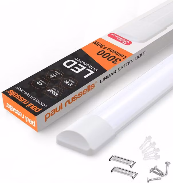 Paul Russells 4 Foot Slim LED Batten Light, 30W, 3000lm, 4000K, Cool White, IP20