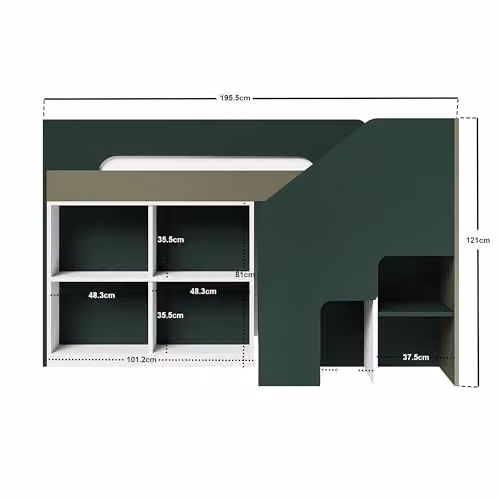 Flair Quinn Mid Height Staircase Mid Sleeper Bed with Storage in Green and White, W/D/H: 195.65 x 90 x 142.4 cm – 2