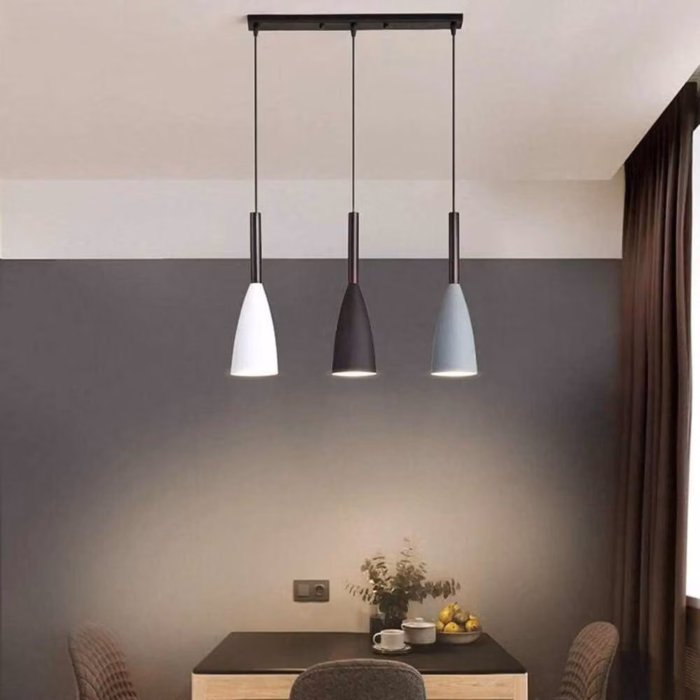 EONLION Modern 3-Head LED Pendant Light in Black and Wood with Height Adjustable Suspension – 3