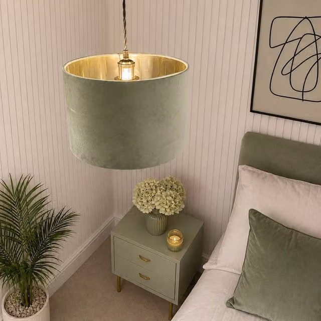 CGC Lighting Nila Round Drum Pendant Lamp Shade in Olive Green Velvet with Gold Inner Finish