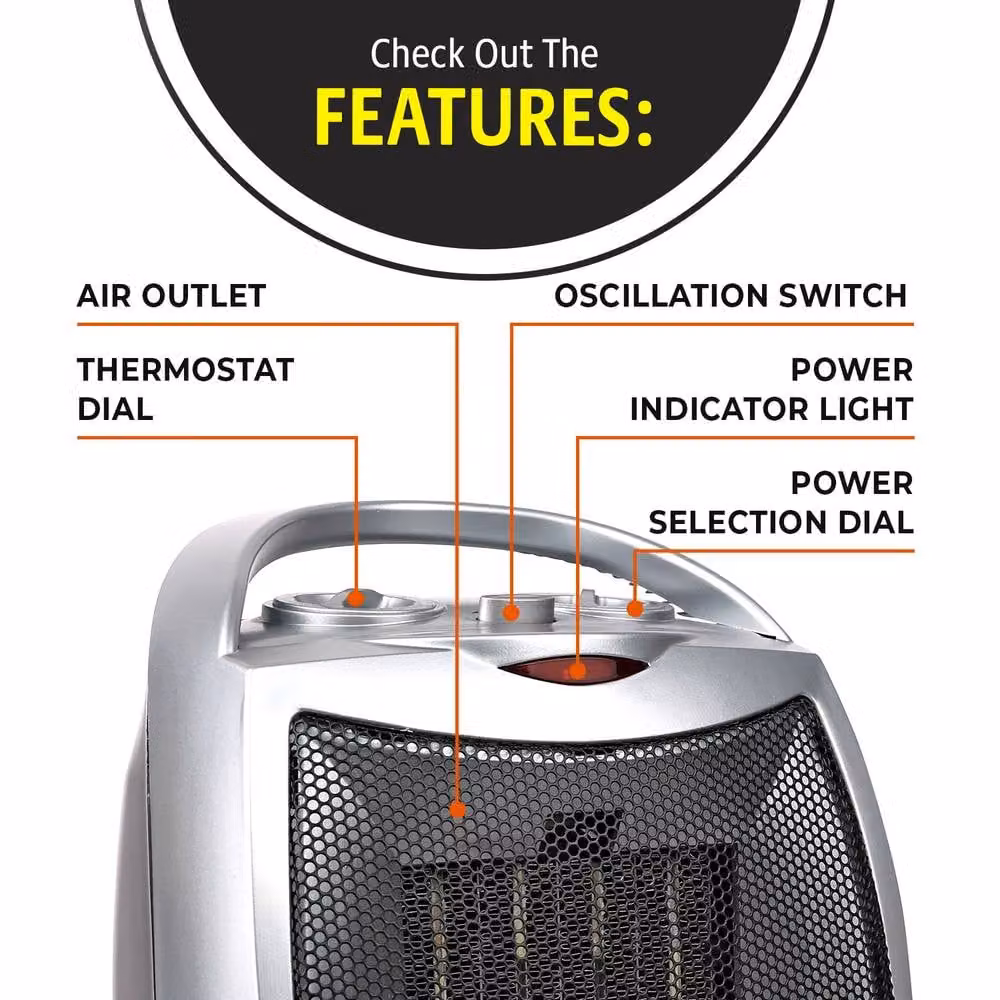 Bergstrom Silver Ceramic Fan Heater with Oscillation and Thermostat Control – 5