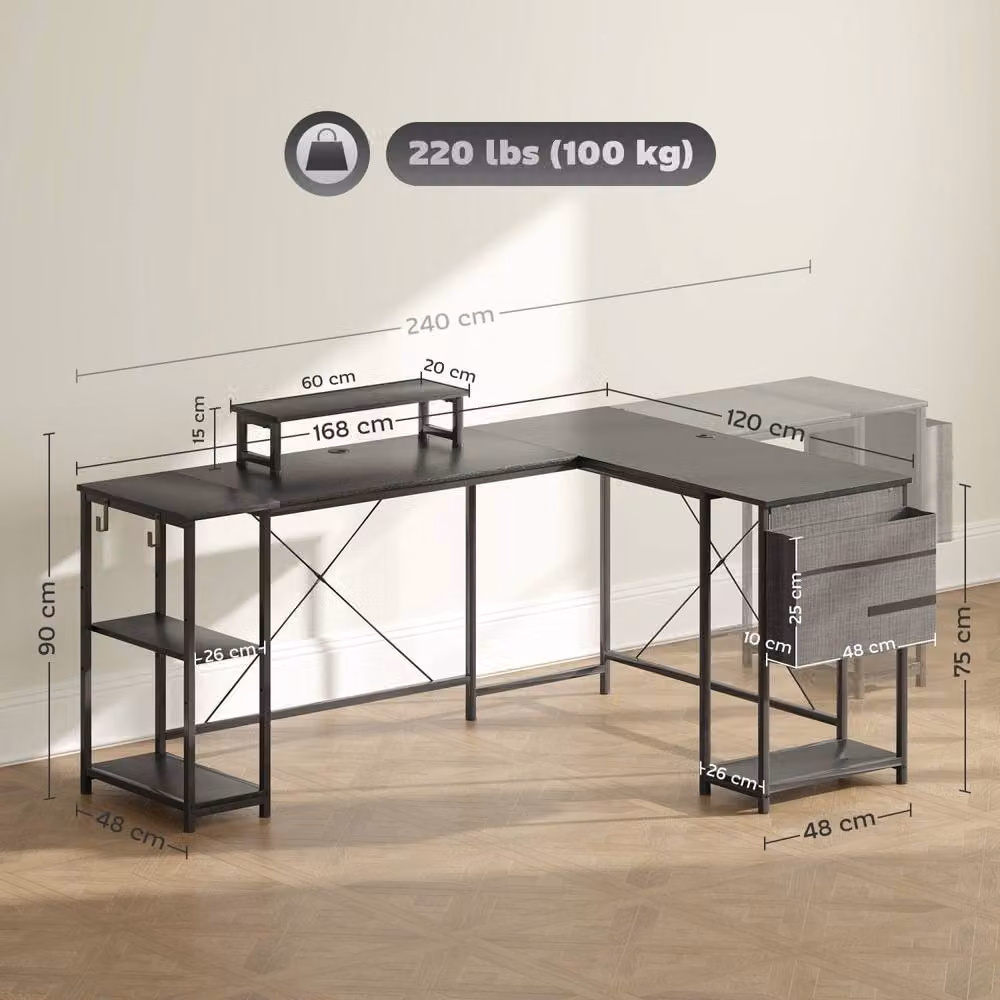 Wyld Haus Kadoso Black Reversible L Shaped Corner Desk with Monitor Stand and Shelves, Width: 168 cm – 4