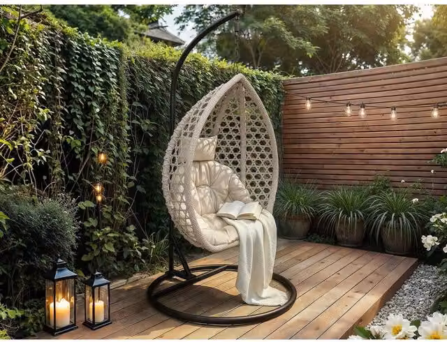 Solace+Co Lola Rattan Egg Swing Chair with Stand and Foam Cushions, Grey