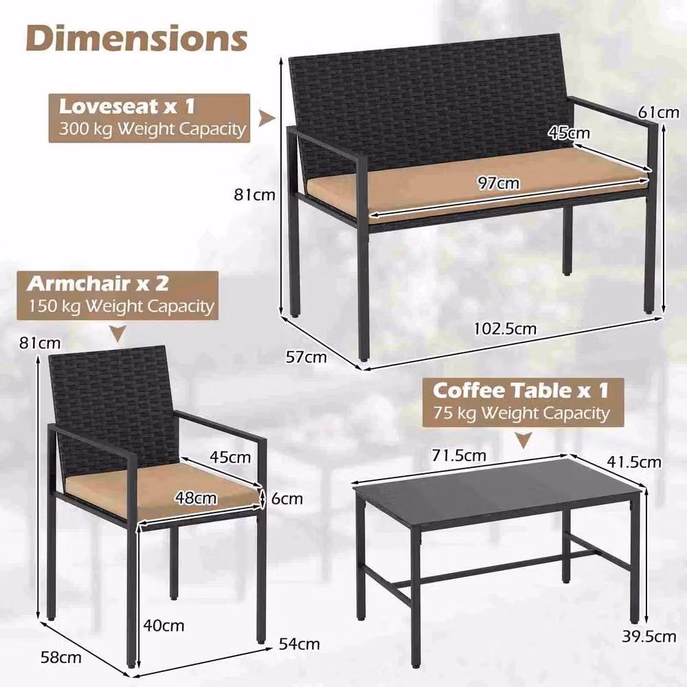 Costway 4-Piece Outdoor Rattan Patio Furniture Set with Loveseat, Armchairs and Coffee Table in Beige – 8