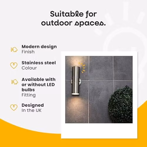 MiniSun Set of 2 Modern Stainless Steel Up/Down Outdoor Wall Lights in Silver with 5W Warm White LED Bulbs – 2