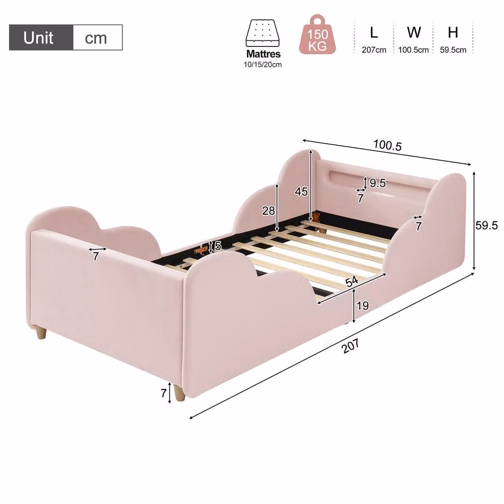 Rolipo Pink Velvet Toddler Bed with LED Light and USB Charging Port, W/D/H: 90 x 190 cm – 3
