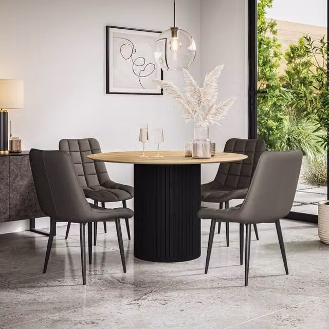 More4Homes Arlo Oak Round Dining Table with Black Legs and 4 Nova Grey Faux Leather Dining Chairs, W: 120 cm, H: 75 cm – 1