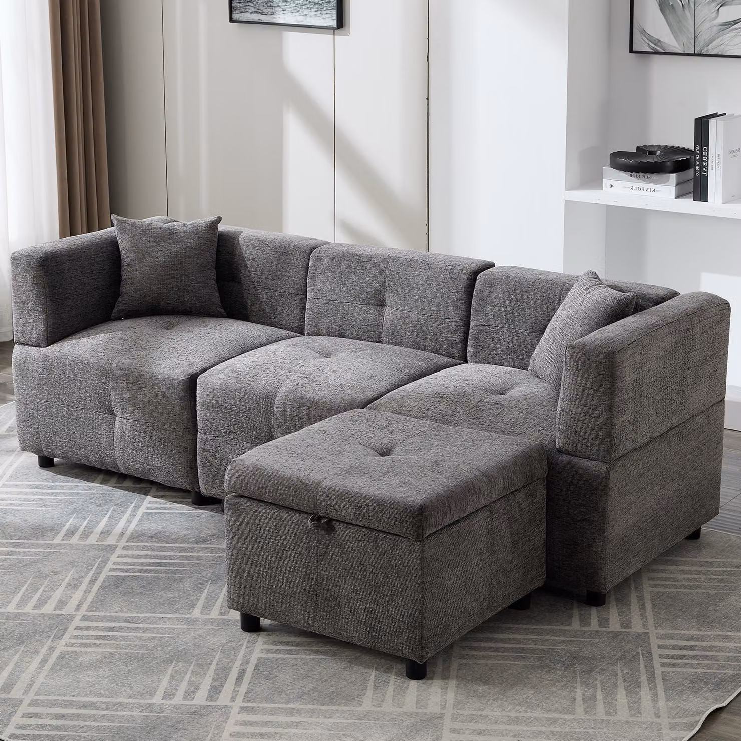 Aosom.UK Grey L-Shaped Sectional Fabric Sofa with Reversible Design, Removable Storage Ottoman and 2 Pillows, W/D/H: 204 x 68 x 69 cm – 7