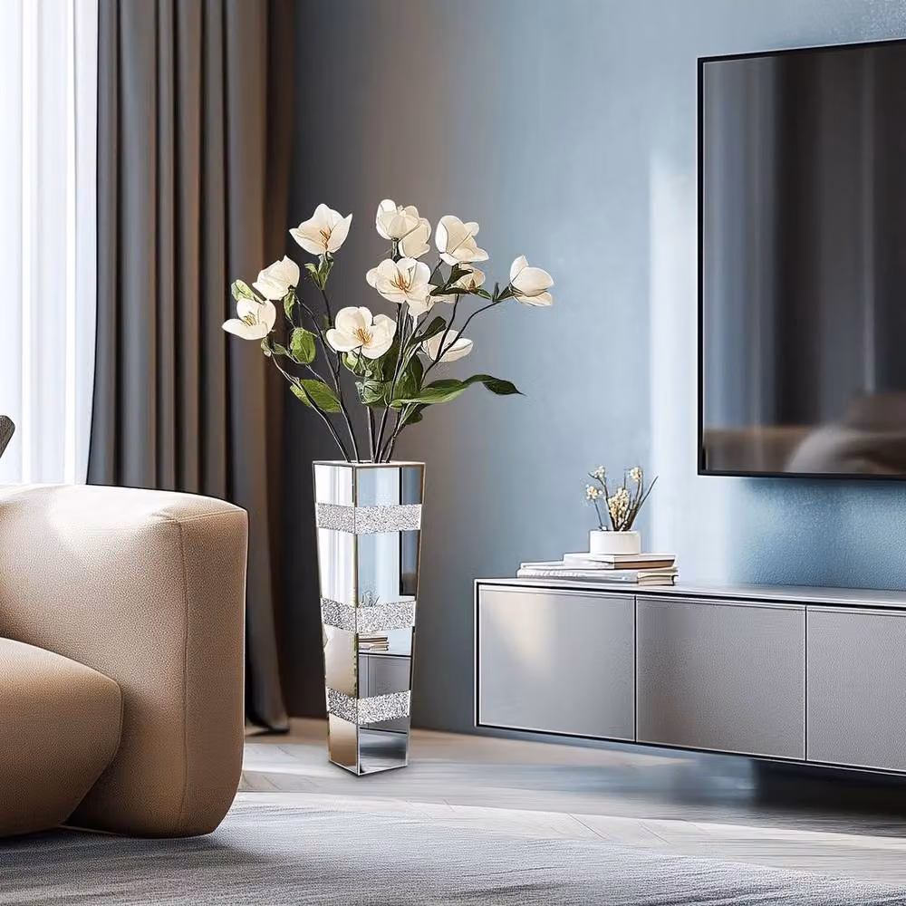 FLAVORA Modern Silver Glass Tall Standing Floor Flower Vase, Height: 100 cm, Width: 15 cm – 4