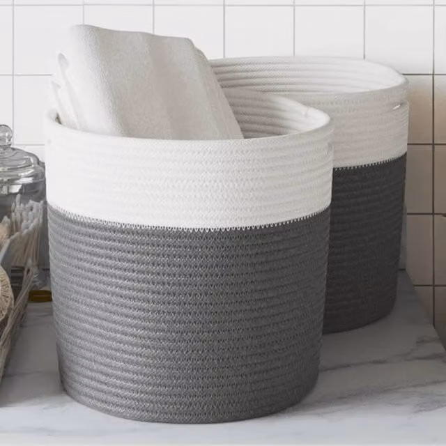 Berkfield Set of 2 Open Weave Cotton Storage Baskets in Grey and White, W/D/H: 28 x 28 x 28 cm