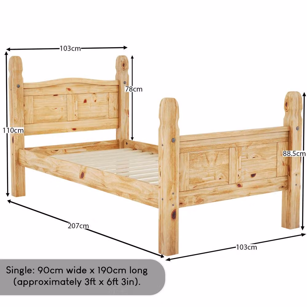 HD Designs Corona Single Bed in Brown Rustic Waxed Solid Wood, W/D/H: 90 x 190 cm – 2
