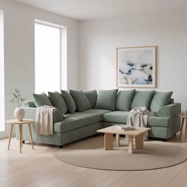 Abakus Direct Ferguson Left-Facing L-Shape Corner Sofa in Green Chenille Fabric with Scatter Cushions