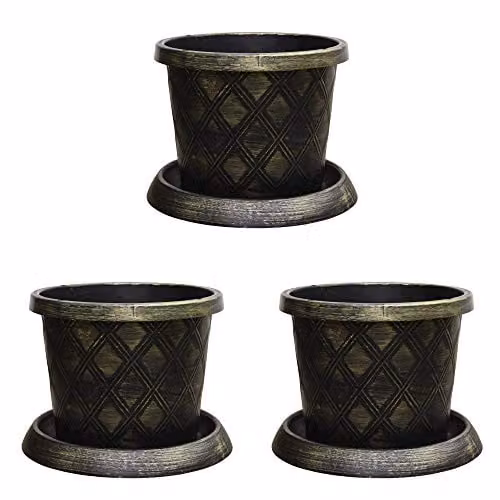 Thompson and Morgan Black and Gold Lattice Effect Large Patio Pot and Saucer Set, 3 x Diameter: 39 cm – 1