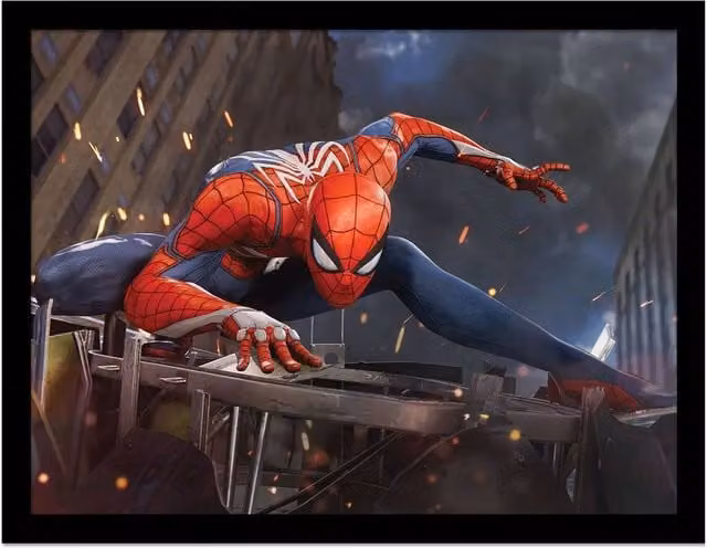 Spider-Man Stands On Ruins Framed Paper Poster in Multicolour and Light Grey – 1