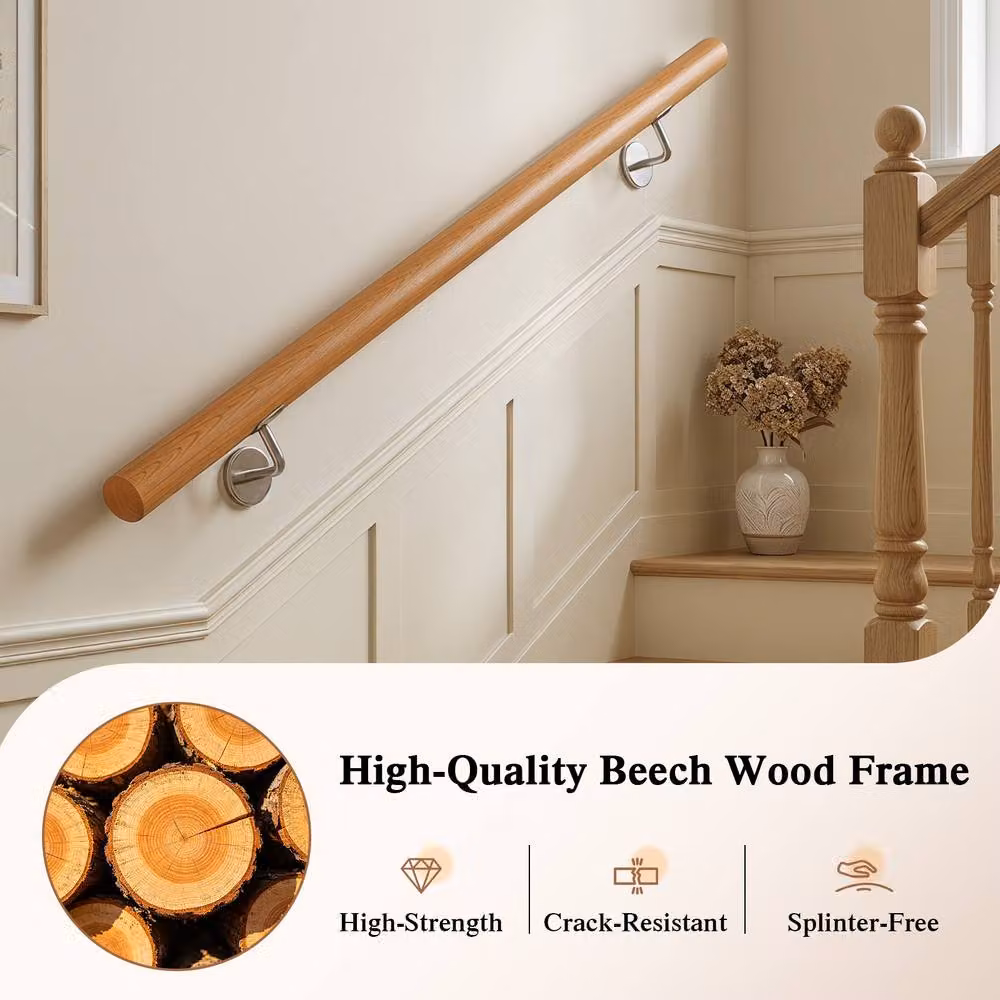 Gymax Beech Wood Staircase Handrail with Stainless Steel Wall Mount, Brown, Length: 100 cm – 5