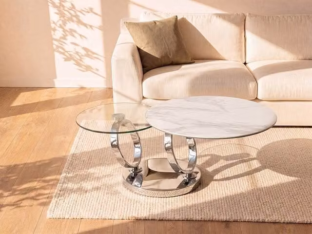 Vente-unique Modern Round Coffee Table with Rotating Ceramic and Glass Top in White and Transparent