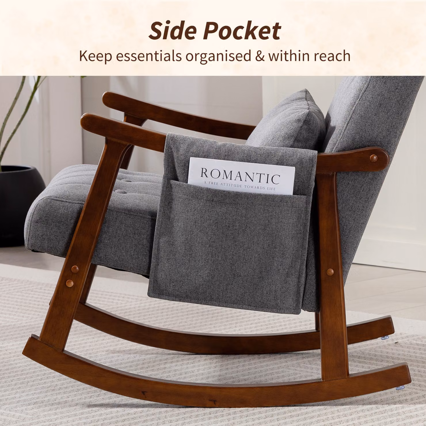 HOMCOM Mid-Century Rocking Accent Chair with Solid Rubberwood Frame and Grey Fabric Upholstery – 5