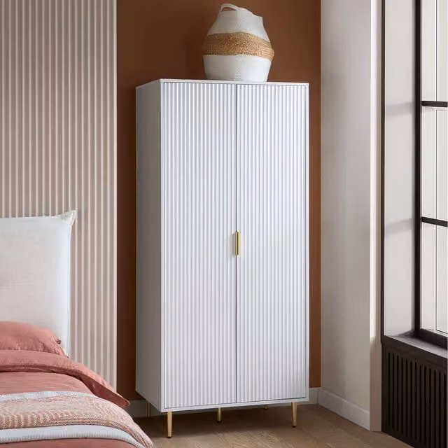 Birlea Modern White and Gold Wardrobe with Hinged Doors and Full Hanging Space