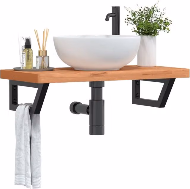 Berkfield Home Wall Mounted Basin Shelf in Brown Beech Wood and Steel