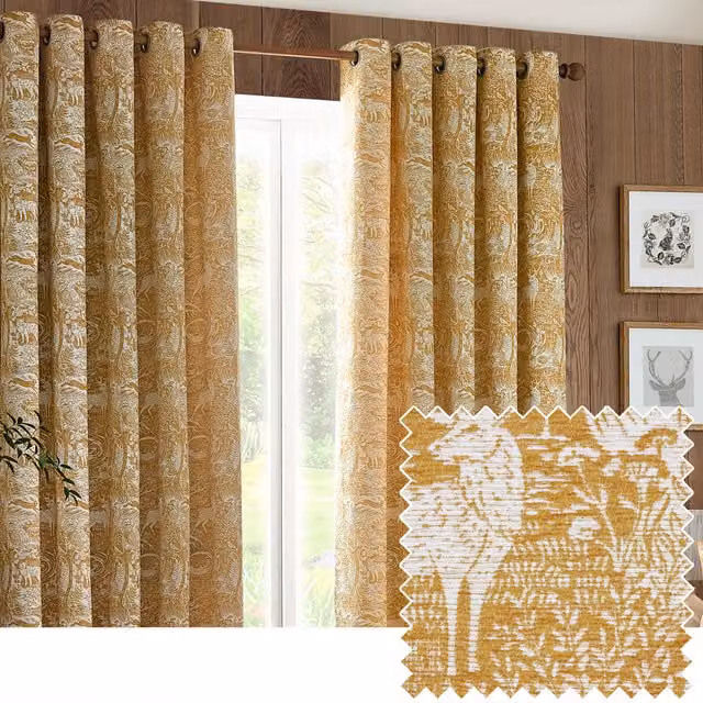 Make It A Home Winter Woods Chenille Eyelet Curtains, Set of 2, Ochre/Yellow/Orange, Width: 137 cm