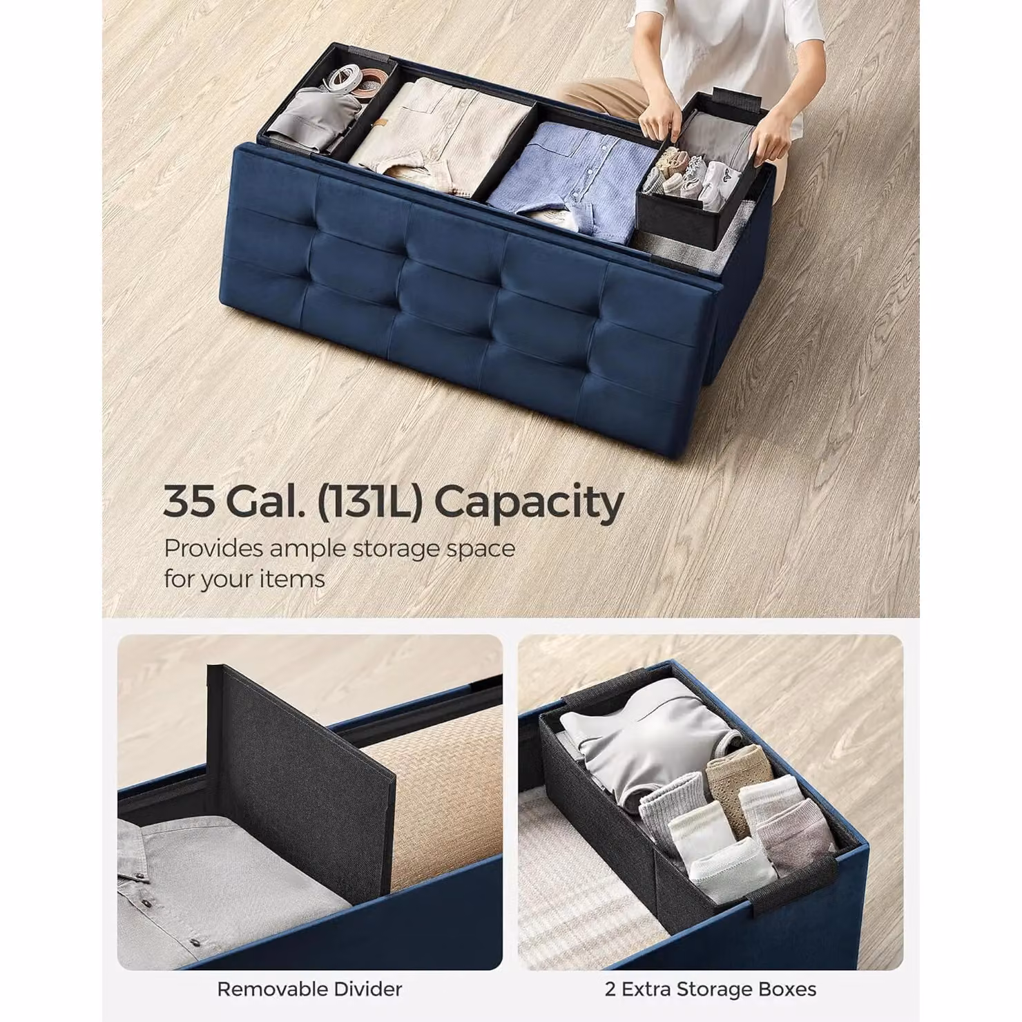 SONGMICS Extra Large Foldable Storage Ottoman Cube Heavy Duty Velvet Bench in Blue – 4
