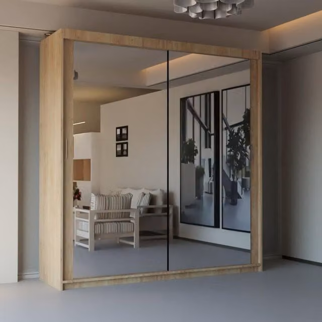 Sliding Wardrobes 4U Modern Double Sliding Door Wardrobe in Light Oak, W/D/H: 180 x 180 x 217 cm – 1
